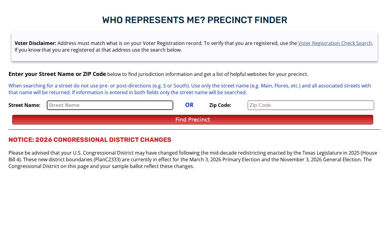 Bexar County neighbors precinct finder street and ZIP inputs