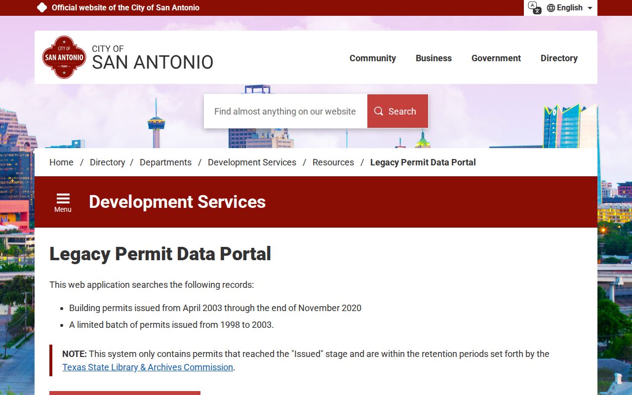 Bexar County street directory Legacy Permit Portal search fields